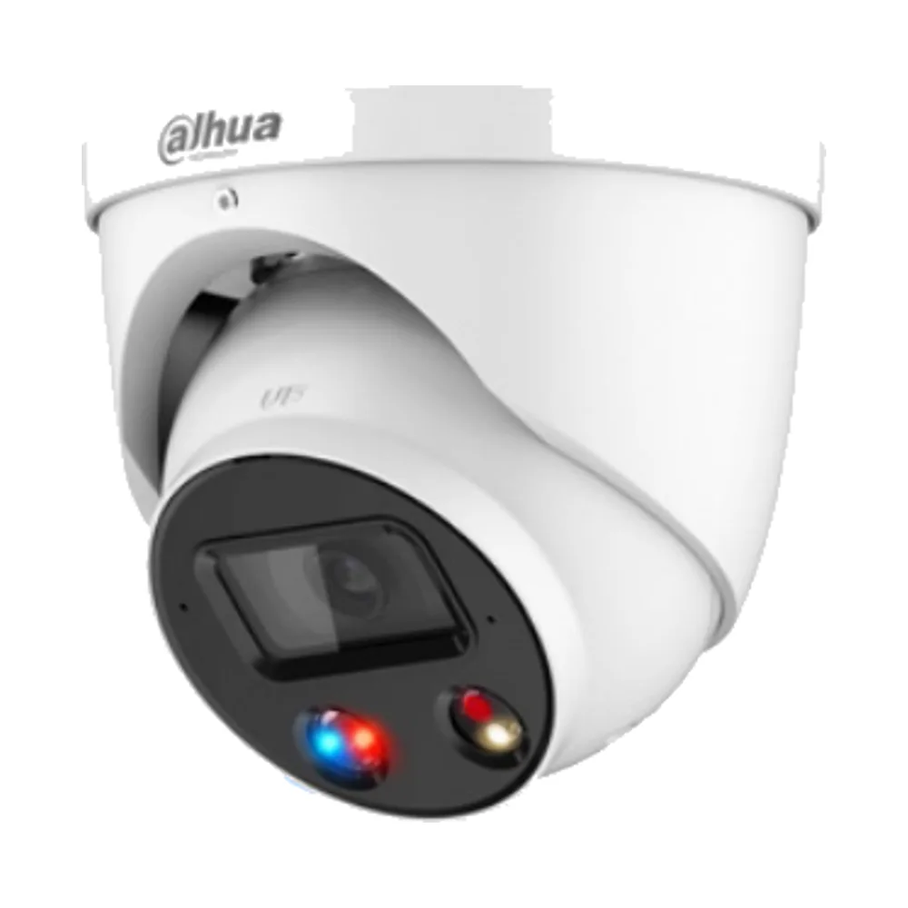 Dahua TiOC turret security camera in white, with red and blue deterrence lights