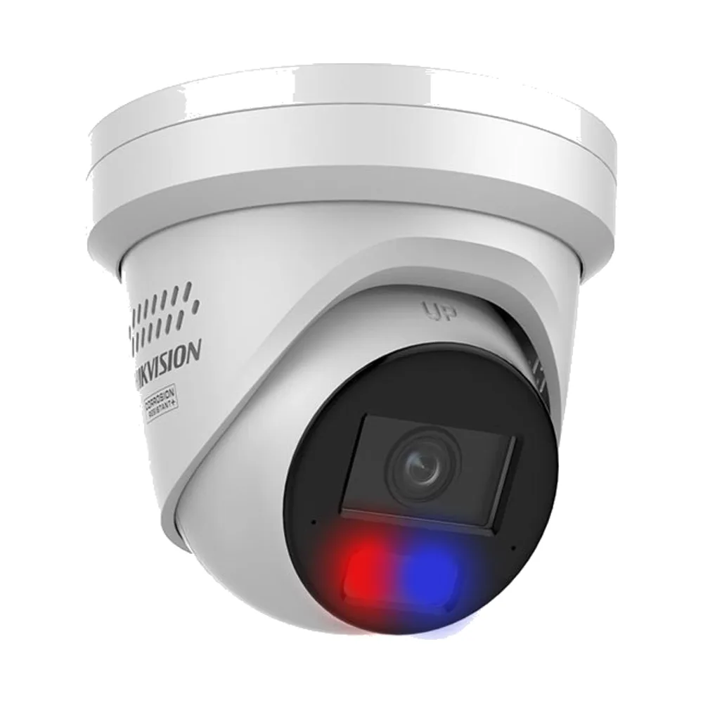 Hikvision ColorVu turret security camera in white, with red and blue deterrence lights