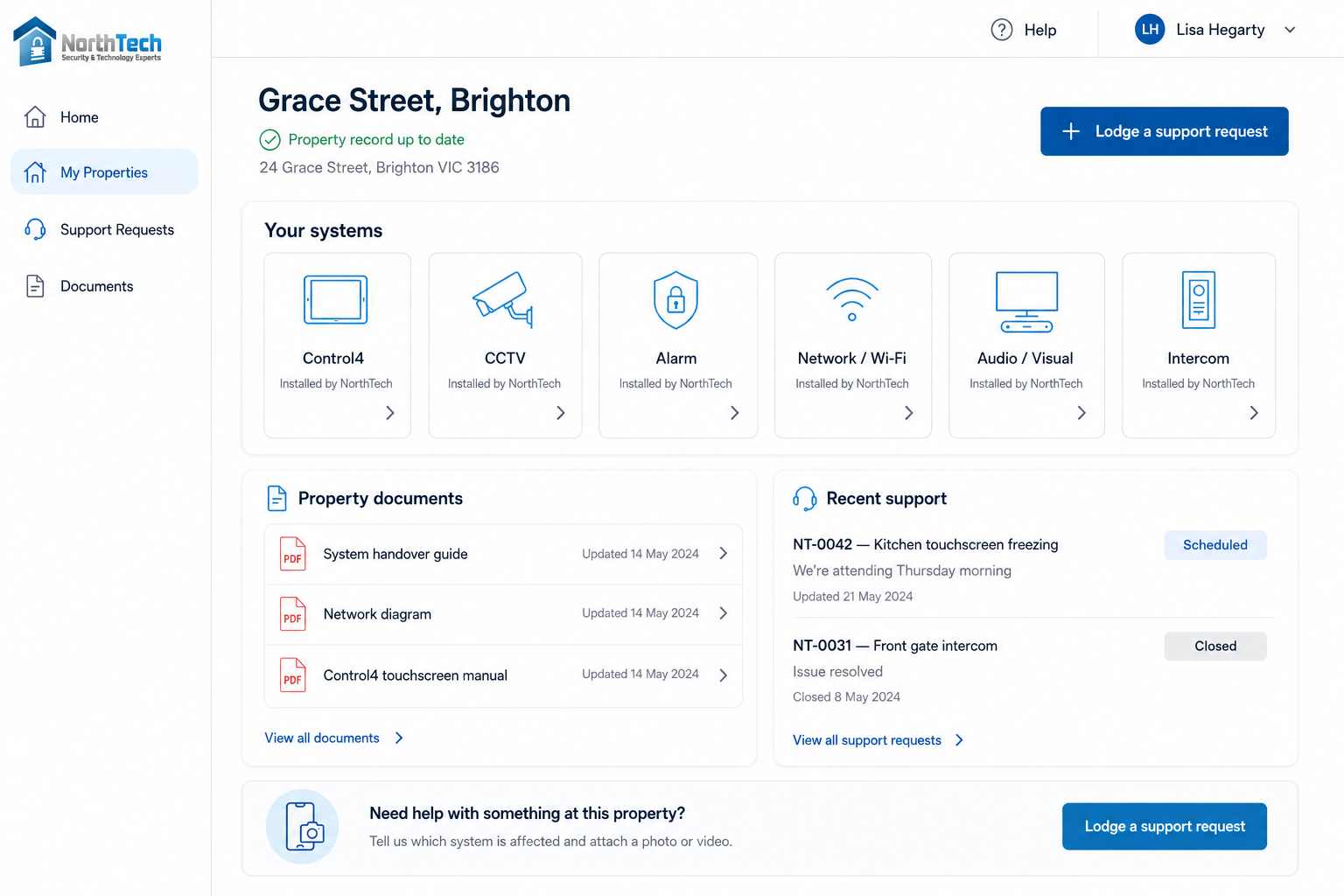 Example NorthTech customer portal showing the systems, documents and support history for one property