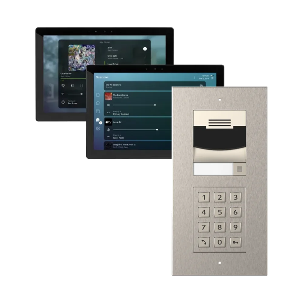 Control4 DS3 video intercom door station with keypad, in front of Control4 touchscreens