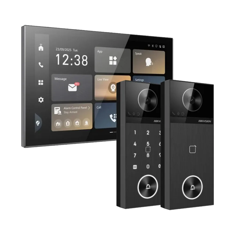 Hikvision video intercom indoor touchscreen with two door stations, one with a keypad
