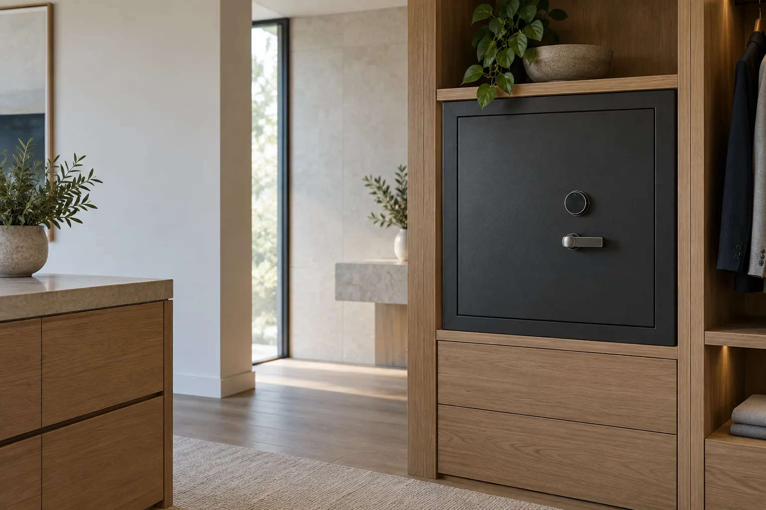 Illustrative example of a discreet home safe installed into custom timber cabinetry