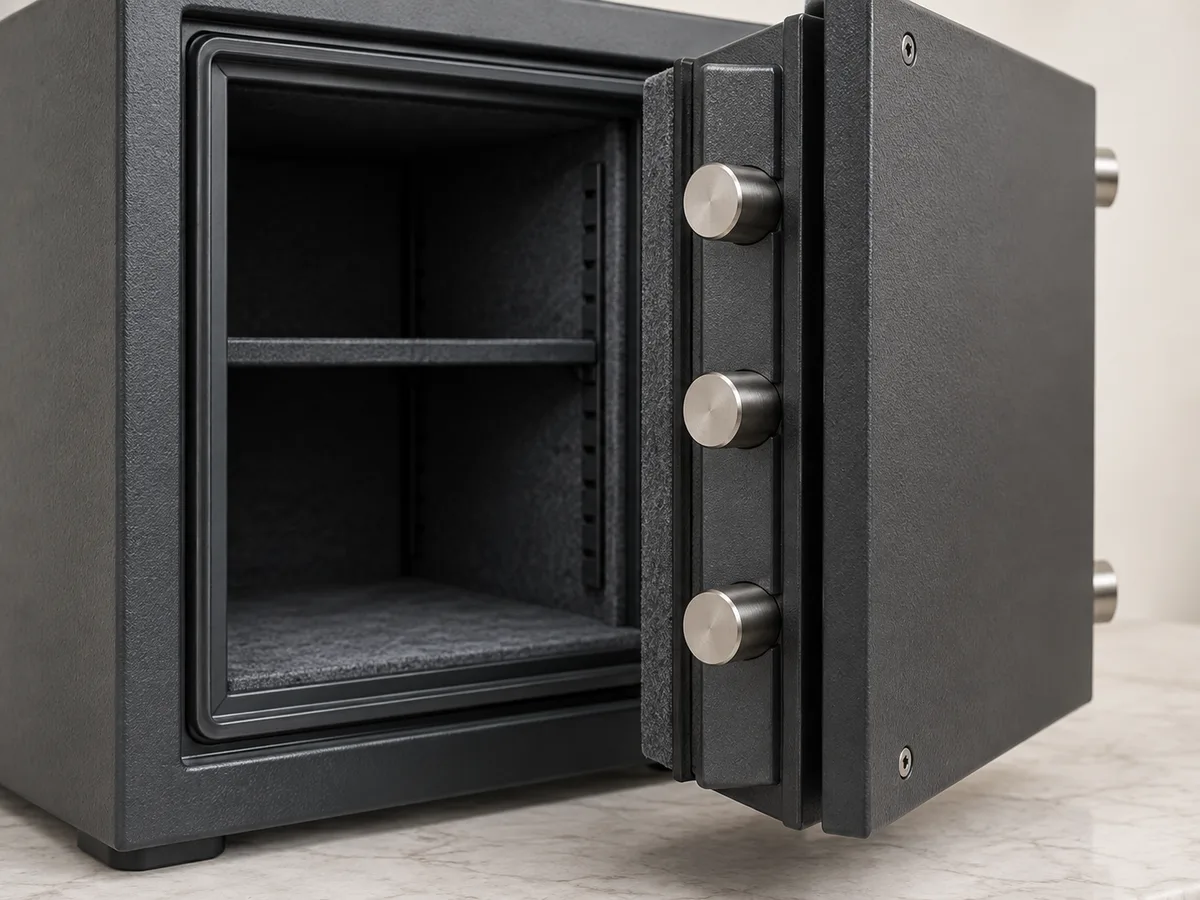 Illustrative detail of a safe door with heavy steel locking bolts