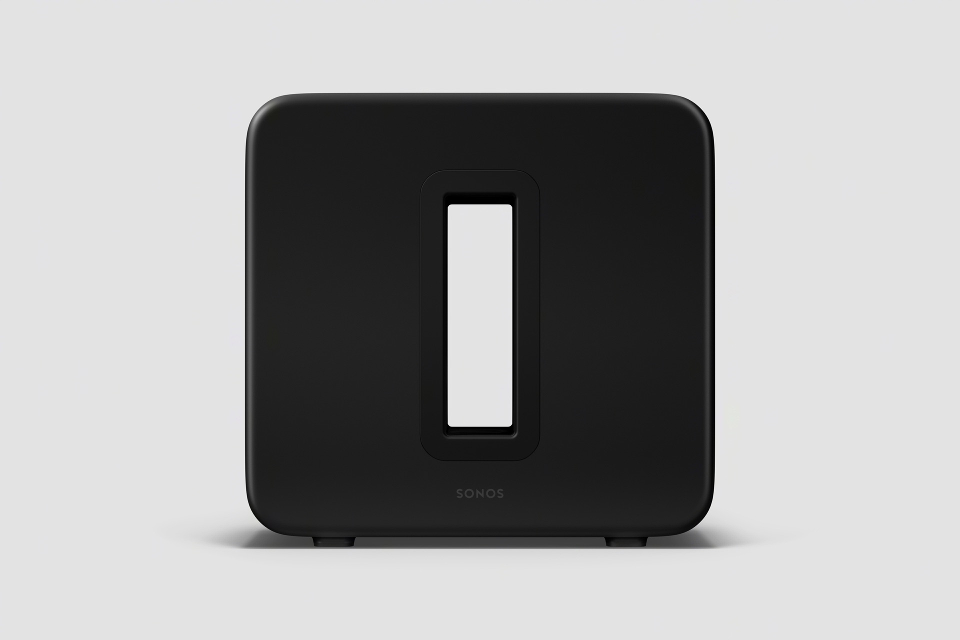 Front view of a black Sonos Sub 4 wireless subwoofer